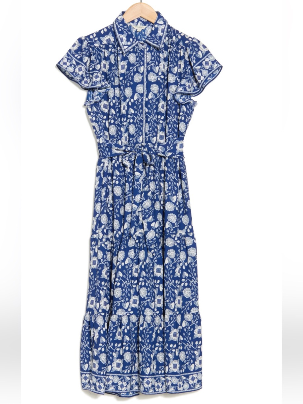 Max Studio Blue Floral Flutter-Sleeve Midi Dress - Large